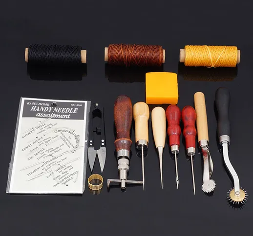Kit di attrezzi manuali per artigianato in legno in pelle da 14 pezzi Kit di ditali per pu...