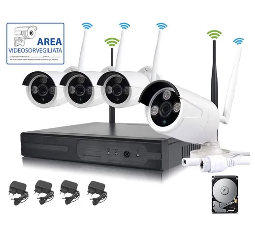 Kit Videosorveglianza Wireless Nvr 4 Canali 4 Telecamera Wireless+Nvr+ Hd 320 Gb