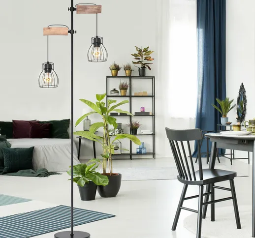Lampada da terra vintage con design a gabbia di filamento, soggiorno in legno, lampada da...