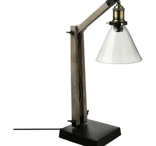 Lampada in legno e metallo con paralume in vetro - lampada da tavolo, base in metallo, bas...