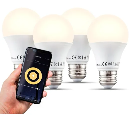 Lampadine LED smart E27, set di 4, dimmerabili con lo smartphone, luce calda 2700K, funzio...