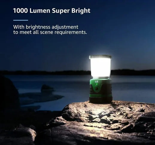 Lanterna le, potente lampada da campeggio dimmerabile da 1000 lm, torcia a 360° con 3 moda...