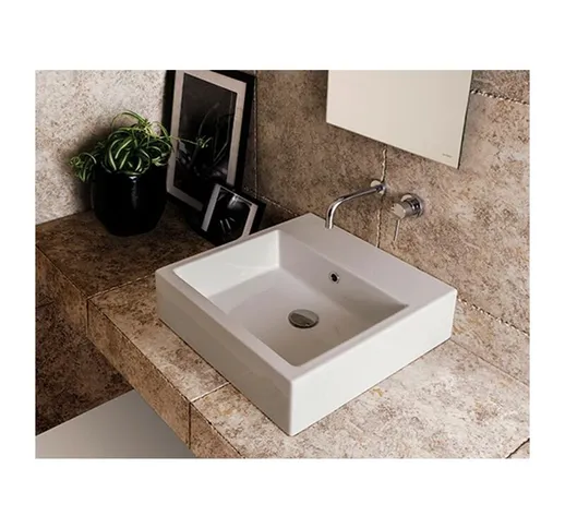 Lavabo Stone appoggio/sospeso cm. 50x50 quadrato in ceramica bianco lucido - Ceramica Glob...