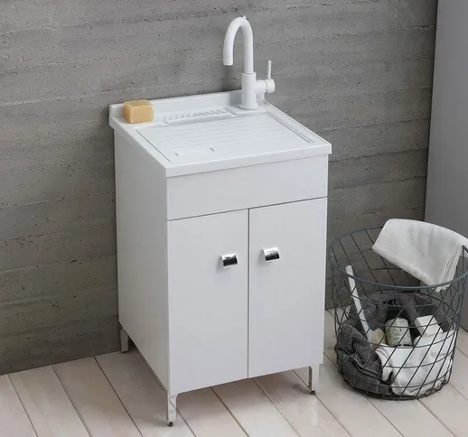 Lavatoio lavanderia 50X50 cm con mobile bianco lucido e asse inclusa
