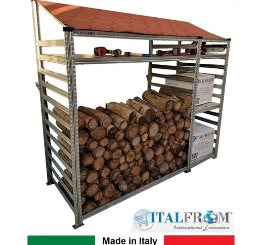 Legnaia Modulare ITALFROM® in Acciaio Zincato con Staffe a Parete - con 4 Ripiani Portaogg...