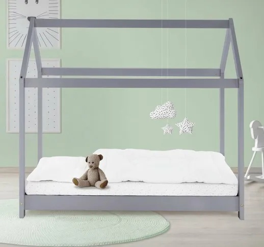 Lettino per bambini forma a casa in legno grigio chiaro rete a doghe 160 x 80 cm