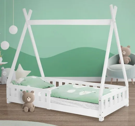 Lettino per bambini tenda indiana in legno di pino bianco con sponde 160 x 80 cm