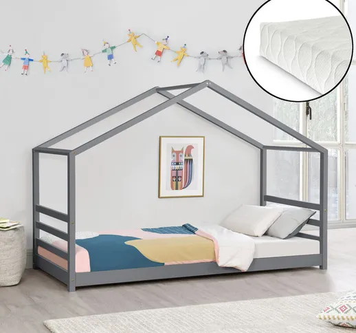 Lettino per Bambino con Materasso a Schiuma Fredda 90 x 200 cm Letto in Legno a Forma di C...