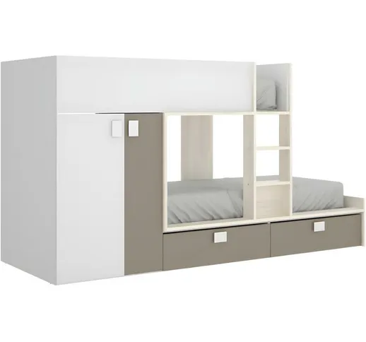 Vente-unique - Letto a castello 2 x 90 x 190 cm - Armadio integrato - Bianco, Naturale e T...