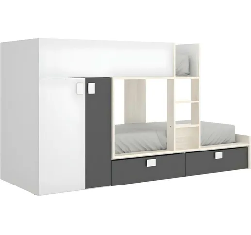 Letto a castello 2 x 90 x 190 cm - Armadio integrato - Bianco, Naturale e Antracite - juan...