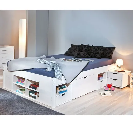 Letto alla Francese 140x190 Bianco Rete a Doghe con Cassetti una piazza e mezzo