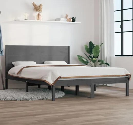 Letto Matrimoniale Moderno Struttura Letto Giroletto Grigio in Legno Massello di Pino 140x...