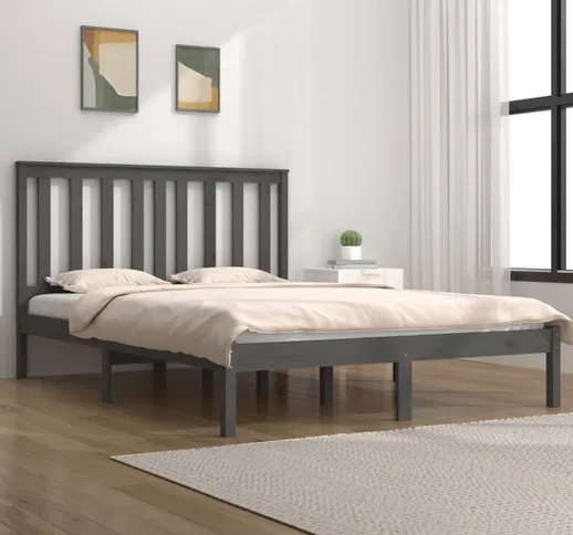 Letto Matrimoniale Moderno Struttura Letto Giroletto Grigio in Legno Massello di Pino 140x...