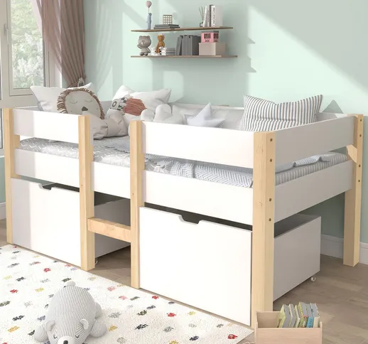 Merax - Letto per bambini a mezza altezza 90 x 190 cm con 2 maxi cassetti - Bianco/Legno