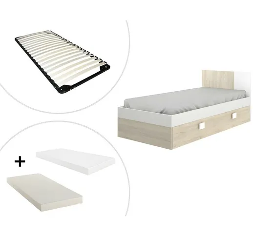 Letto singolo 2 x 90 x 190 cm con letto estraibile + materasso + rete - Rovere e Bianco -...