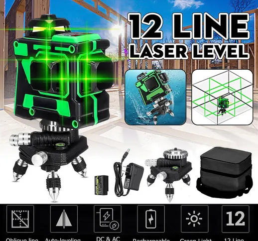 Livella laser 3D autolivellante 12 linee Luce verde a 360° 1 batteria + custodia