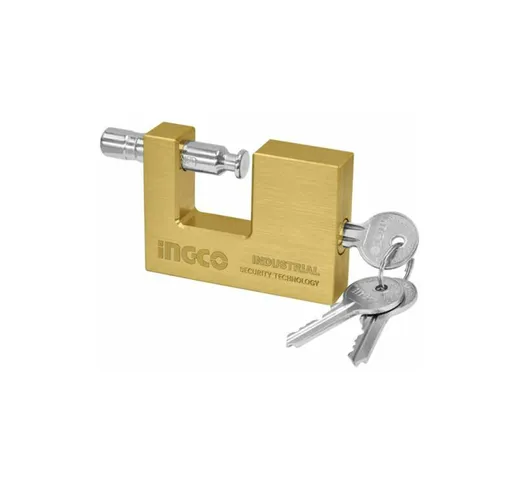 Ingco - Lucchetto Rettangolare in Ottone con Cilindro Acciaio con 3 chiavi – 90 mm