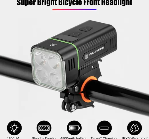 Luce per bici ricaricabile USB 1800lm Faro anteriore per bicicletta luminoso 5 modalità di...