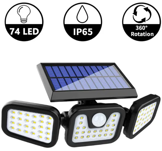 Luci di sicurezza solari, 3 luci con sensore di movimento Luci di inondazione principali r...