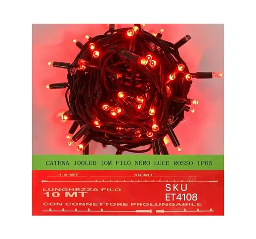 Catena Luminosa di Luci Led IP65 10 Metri Con 100 Led Filo Nero Luce Rosso Con Connettore...