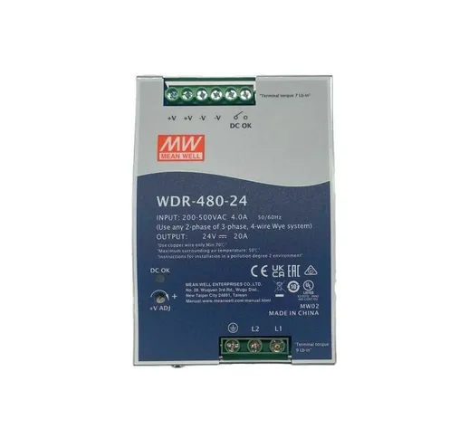 MeanWell WDR-480-24 Alimentatore Slim DIN Rail 480W 24V 20A Input 180-550V