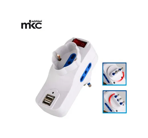 Melchioni ADATTATORE DI RETE MULTIPRESA SHUKO 16A MKC INTERRUTTORE 2 PRESE USB RICARICA SM...