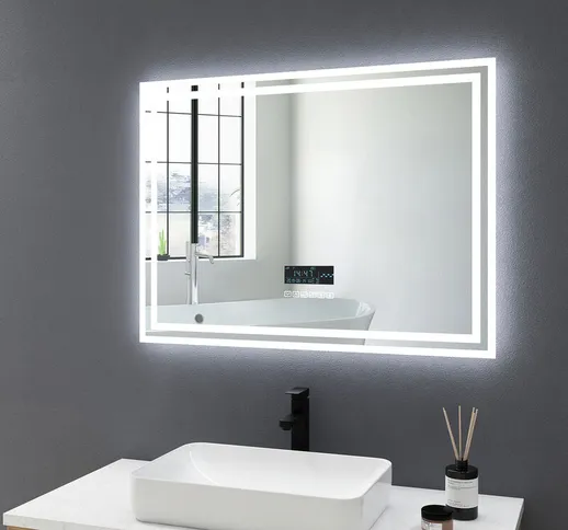 Specchi illuminazione per bagno con Anti-Appannamento, Orologio e Bluetooth 80x60 cm Specc...