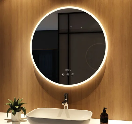 Specchio illuminazione da bagno rotondo 80 cm con Antiappannamento, Bluetooth e Orologio,...