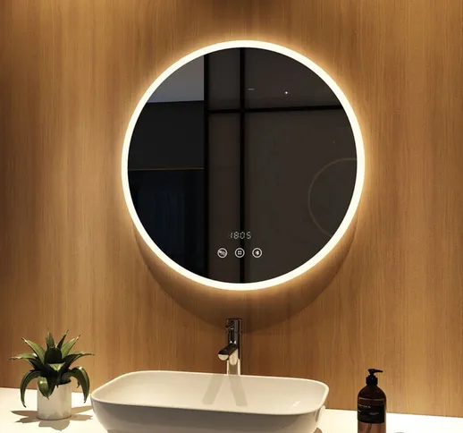 Specchio illuminazione da bagno rotondo 70 cm con Antiappannamento, Bluetooth e Orologio,...