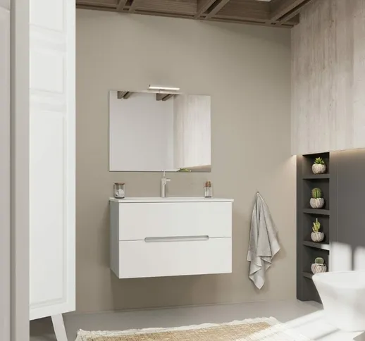 Kiamami Valentina - MOBILE BAGNO BIANCO OPACO 80CM CON LATERALI QUERCIA GRIGIO MAGNOLIA