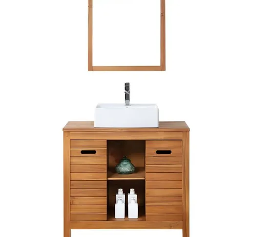 Vente-unique - Mobile bagno con lavabo semplice e specchio 90 cm in Legno di acacia - pulu...