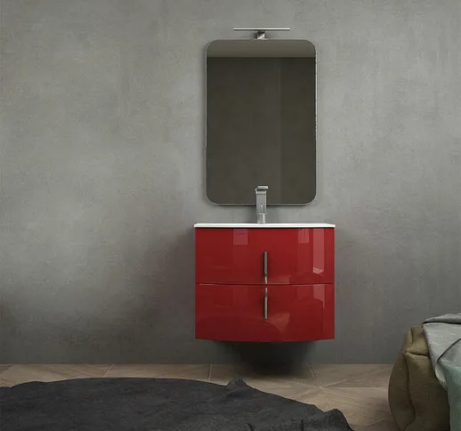Mobile bagno rosso lucido sospeso curvo 70 cm con cassettoni soft close specchio e lampada...