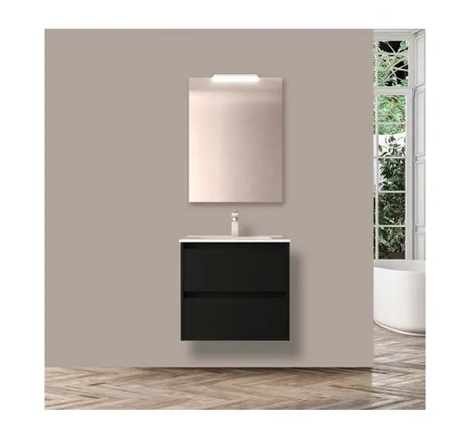 Mobile bagno sospeso 70 cm in legno grigio opaco con lavabo in porcellana Con specchio e l...