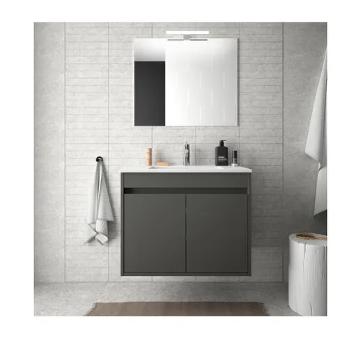 Mobile bagno sospeso 70 cm in legno grigio opaco con due ante Con specchio e lampada led