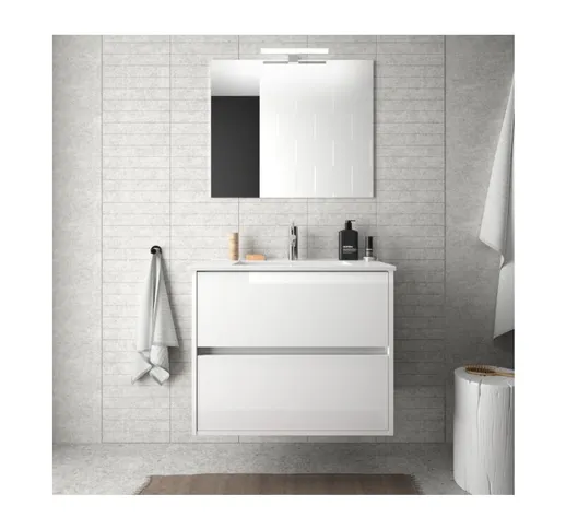 Mobile bagno sospeso 70 cm in legno laccato bianco lucido con lavabo in porcellana Con spe...