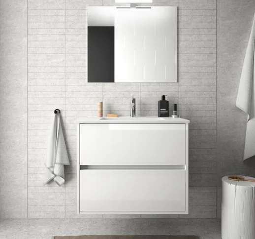 Caesaroo - Mobile bagno sospeso 70 cm in legno laccato bianco lucido con lavabo in porcell...