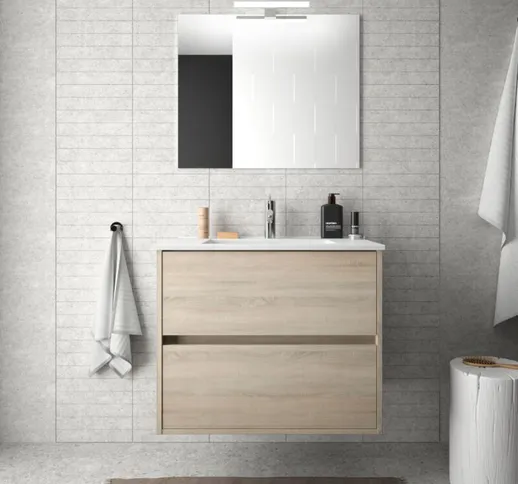 Mobile bagno sospeso 70 cm in legno marrone Caledonia con lavabo in porcellana Con specchi...