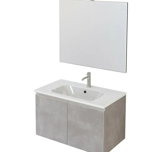 Olimpo Docce - Mobile bagno sospeso 80cm con due ante e specchio cemento grigio caldo dubo...