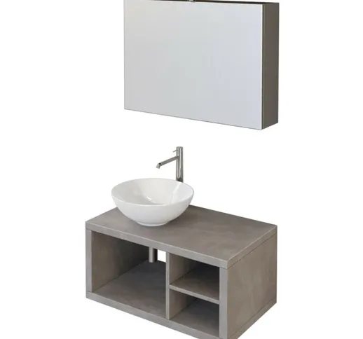 Olimpo Docce - Mobile bagno sospeso 80cm effetto cemento grigio caldo con ripiano a destra...