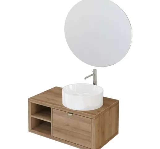 Olimpo Docce - Mobile bagno sospeso 80cm rovere farnia con ripiano a sinistra e specchio d...