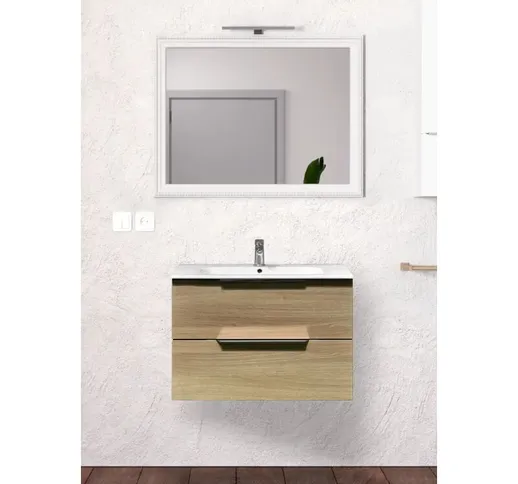 Mobile bagno sospeso Firenze 2 cassetti, 70 cm, rovere naturale, lavabo bianco in ceramica