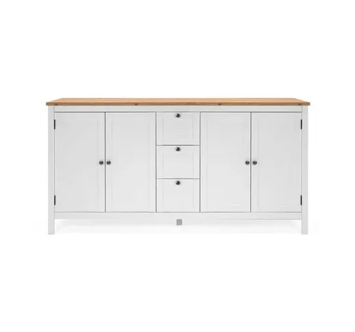 Mobile credenza 4 ante 3 cassetti bianco con top rovere 180x40xh.90 cm