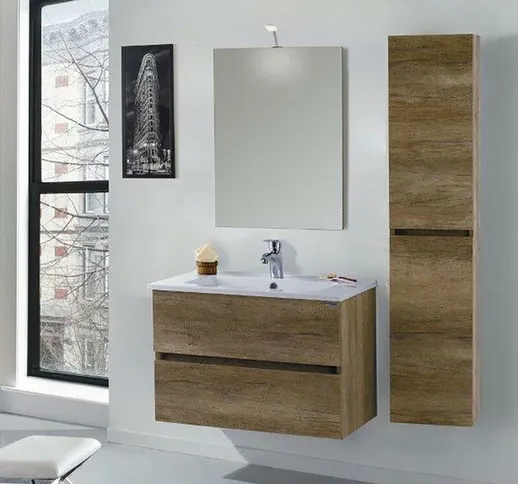 Mobile Da Bagno Sospeso 80cm Colonna P18cm Mazzoni Maiorca Light Noce Chiaro Frassinato