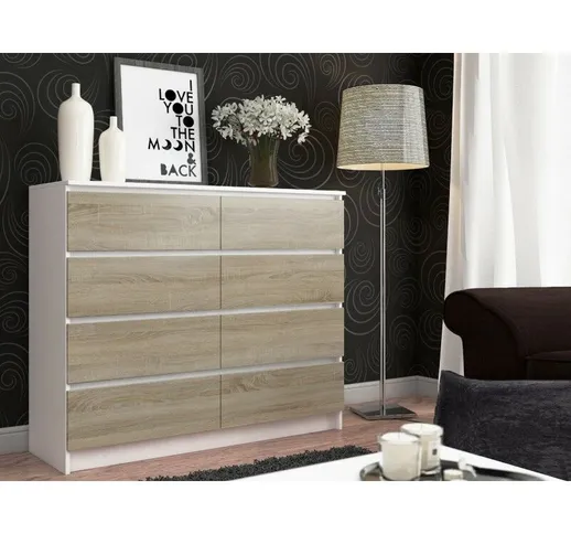 Mobile Ingresso Comò Cassettiera Moderna Credenza 8 Cassetti 140 x 99 x 40 - Colore: Bianc...