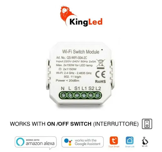 Kiwi - Modulo Interruttore Smart WiFi 2 CH AC 230V - Compatibile con Alexa, Google e Smart...