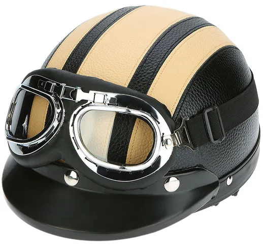 Motorcycle Scooter Open Face Half Leather Helmet with Visor UV Goggles Retro Vintage Style...