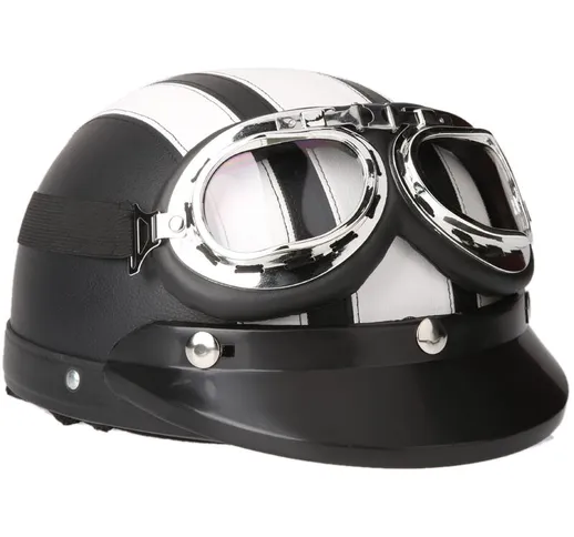 Asupermall - Motorcycle Scooter Open Face Half Leather Helmet with Visor UV Goggles Retro...