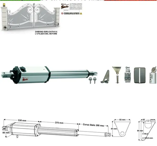 Motore 220 V Cancello Automatico Corsa 300 Mm Stelo Retrattile Spinta 250 Kg Ricambio Univ...