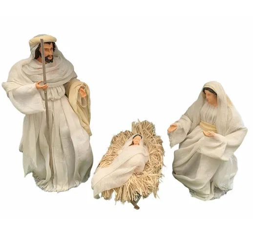 Natività completa statue per presepe vestiti in tessuto Bianco e Beige h 48 cm