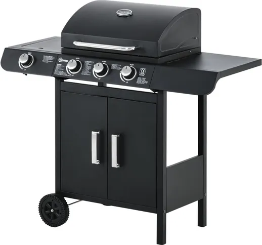  - Barbecue a Gas con Coperchio, 4 Bruciatori da 11.6kW, Fornello, Mensola e 2 Ruote, 110x...